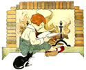 アンティーク・レトロ背景透過PNG画像素材 暖炉で本を読む少年