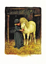 アンティークイラスト白馬にリンゴをあげる幼女